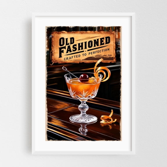 Classic Old Fashioned Art: Rustic Drink Poster - Illustration Cocktail Vintage Typography Bar Rustic Kitchen Decor White Framed Wall Art Print 20 x 30 inches