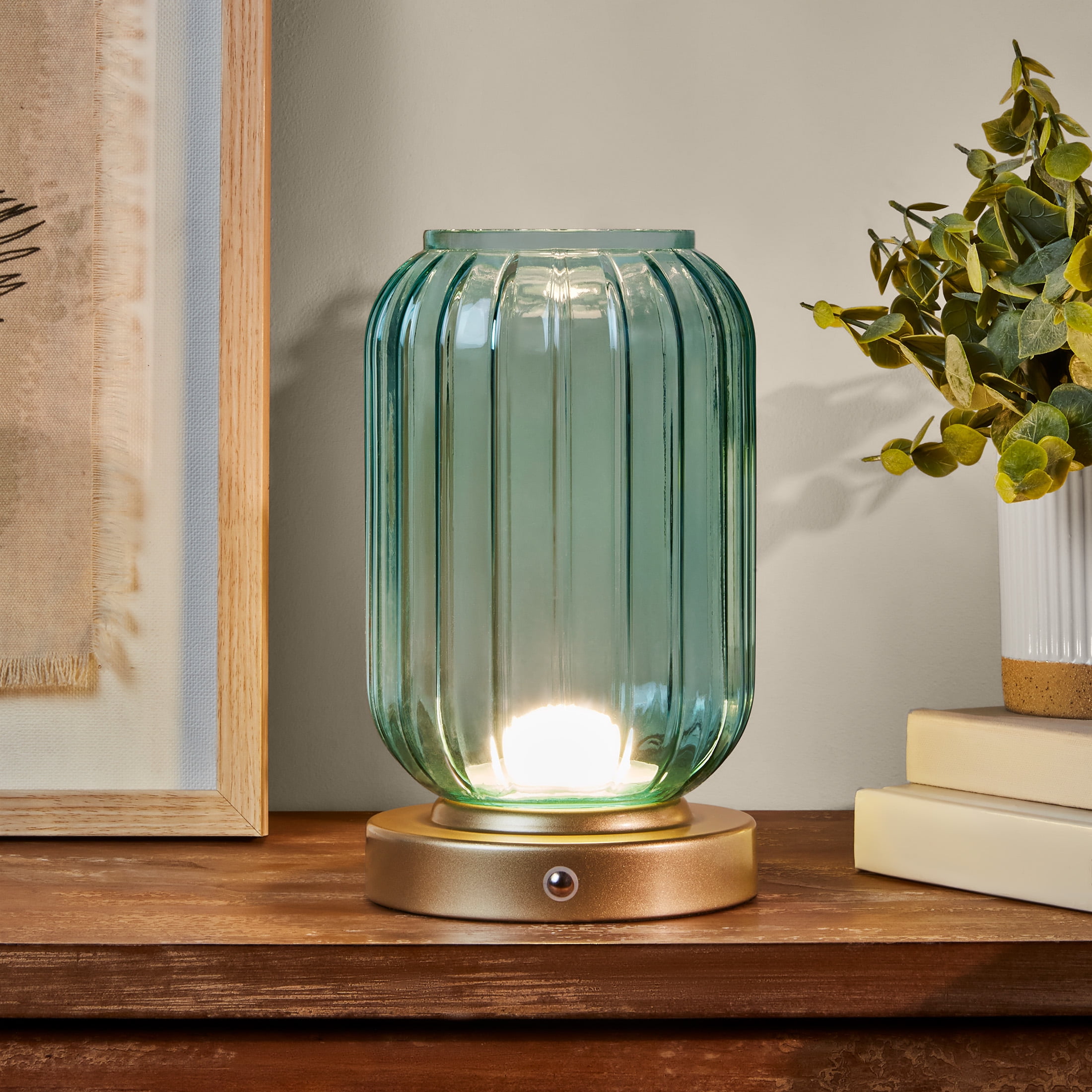 Mainstays by Becky G. & Alejandra 8.5" Rechargeable Green Lily Ribbed Glass Uplight, Gold Metal Base