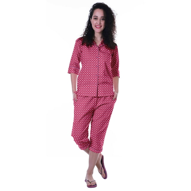Moomaya Chemise à Manches 3/4 en Coton Imprimé avec Capri Ensemble de Nuit 2 Pcs pour Femmes