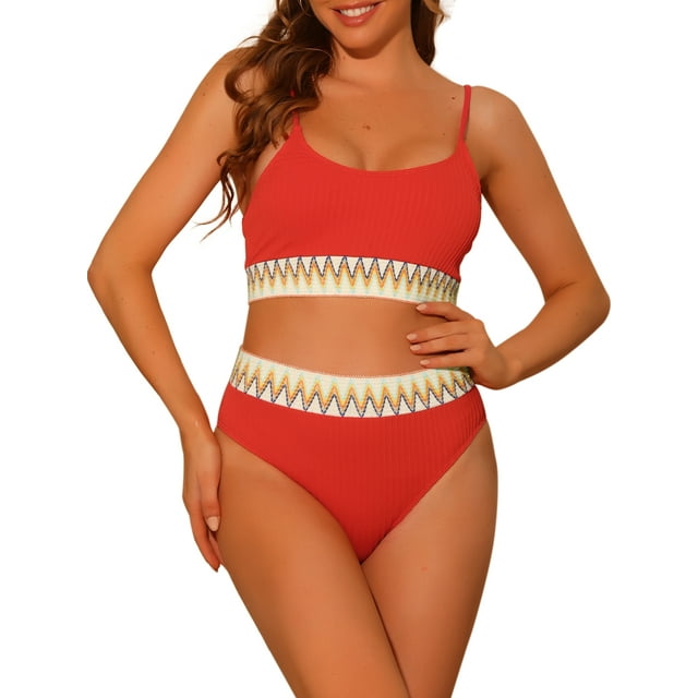 Conjuntos de bikini de talle alto acanalados para mujeres, dos piezas, con tirantes de espagueti ajustables, traje de baño, color rojo grande