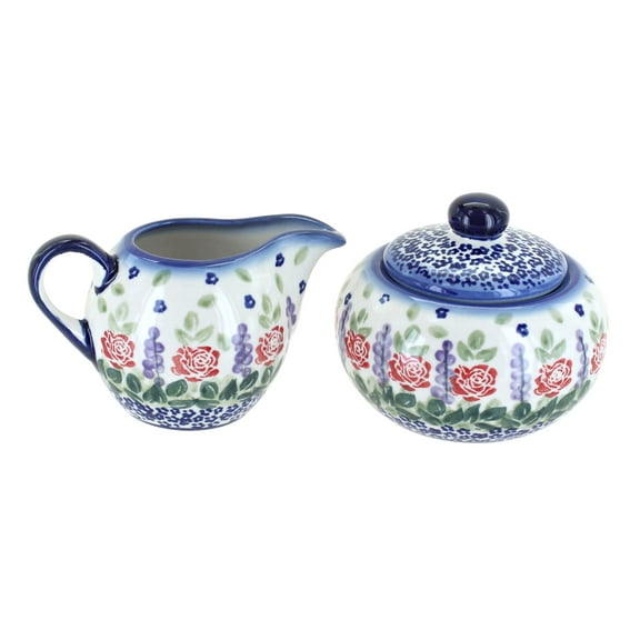 Blue Rose Polish Pottery Roses Are Red Sugar Bowl & Creamer Set