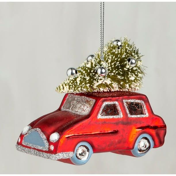 Red Car with Tree on Top Christmas Holiday Ornament Glass