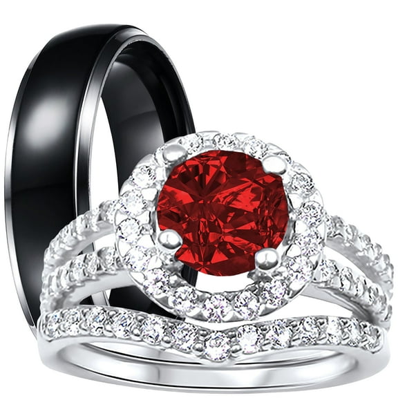 His Hers Wedding Rings Ruby Red CZ Black Silver Wedding Engagement Couples Rings Set 5/9