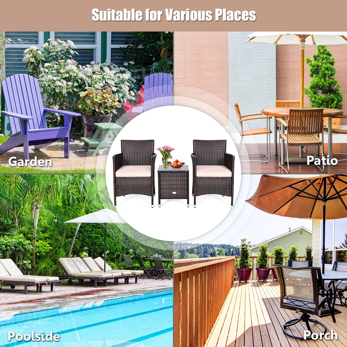Costway Outdoor 3 PCS PE Rattan Wicker Furniture Sets Chairs  Coffee Table Garden Beige