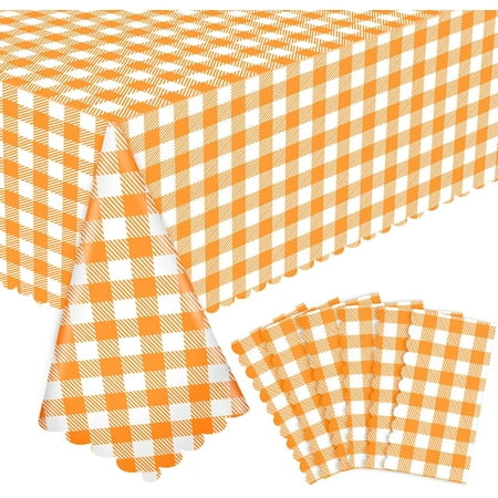 

6 Pack Orange Gingham Tablecloth 54 X 108Inch Plastic Orange Checkered Table Cloth Disposable Spring Tablecloths Waterproof Plaid Table Cover for BBQ Picnic Wedding Birthday Garden Parties