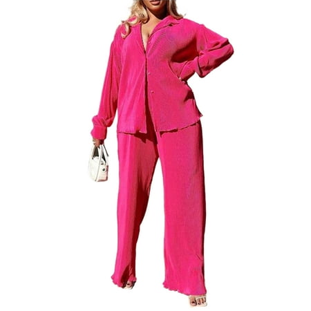 

Rejlun Women Wide Leg Lounge Sets Pleated Solid Color Loungewear Set Work Pajamas Rose Red S