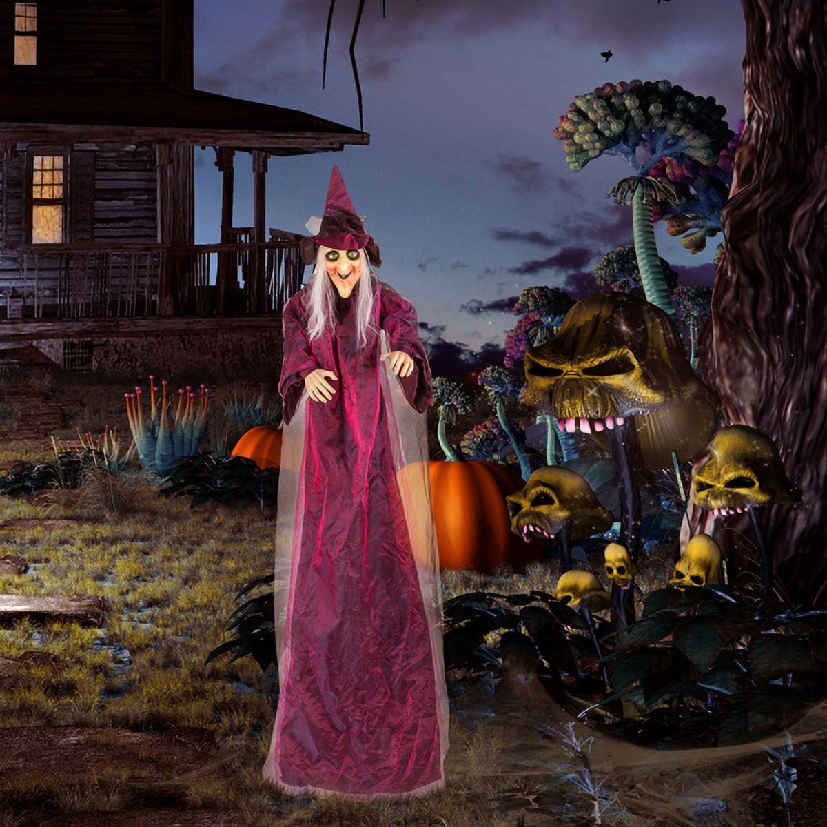 71IN Life Size Hanging Witch Talking Halloween Decoration with Touch-Activated Sound and Light