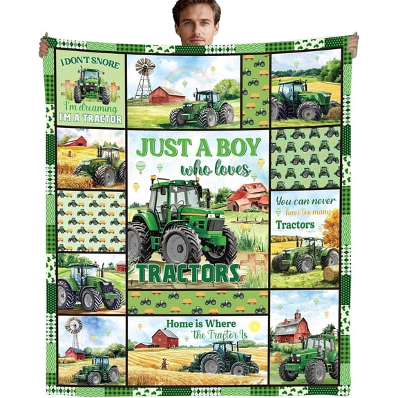 Tractor Throw Blanket, Soft Cozy Fuzzy Flannel Blanket with Green Tractor Farm Barn Field Design, Gift for Boys Men Farmers Friends