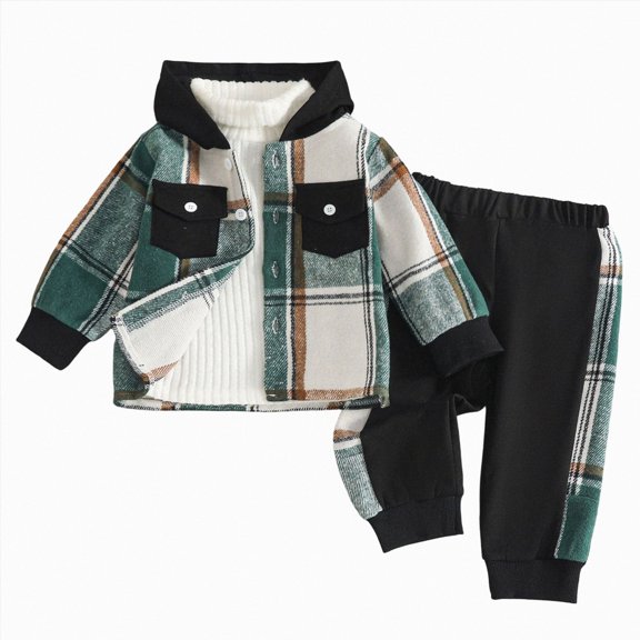 Zuwimk Boy Clothes Fall Winter Outfits Long Sleeve Plaid Patchwork Button Down Shirt Casual Pocket Sweatpants(Green,18-24 Months)