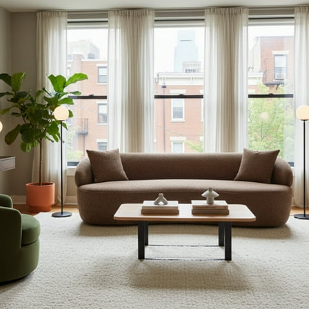 GOMYHOME Modern Curved Sofa, Brown Textured Boucle Couch for Living Room w/ 2 Pillows