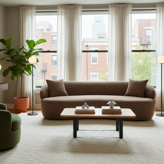 GOMYHOME Modern Curved Sofa, Brown Textured Boucle Couch for Living Room w/ 2 Pillows