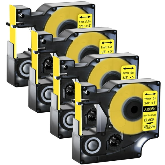 GREENCYCLE 4PK Industrial Rhino Heat Shrink Tubes Compatible for DYMO 18054 9mm 3/8" Black on Yellow Cable Label Tape