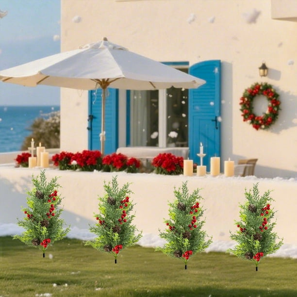 Decoración del hogar, Otra decoración, Mini árbol de Navidad artificial con estaca de tierra de pinos rojos y cedro de dos tonos, decoraciones de plantas artificiales, piñas rojas artificiales, insert