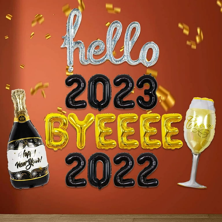 Hello 2023 Bye 2022 Party Decorations - NYE 2023 Party Decorations with  Hello 2023 Bye 2022 Foil Balloon Gold Wine Glass and Black Wine Bottle Foil 