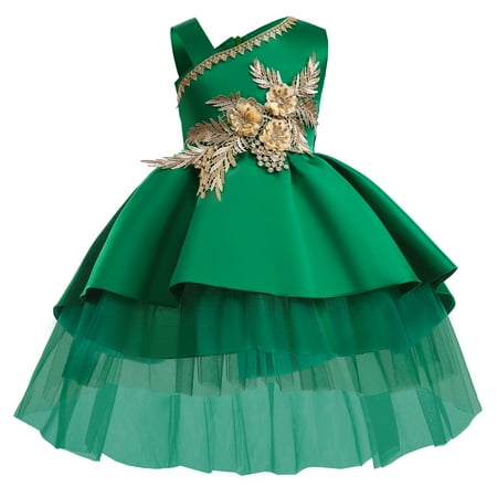 

MIKRDOO Princess Dress For Toddler Girls 2 Years Baby Girls One Shoulder 3 Years Baby Girls Flower Embroidery One Piece Swallowtail Dress Green
