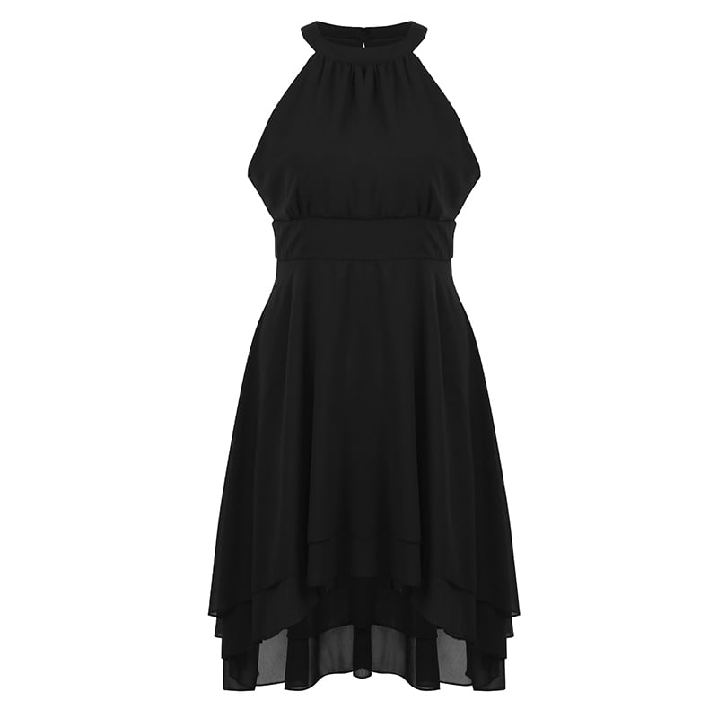 layered cutout back sleeveless black chiffon dress