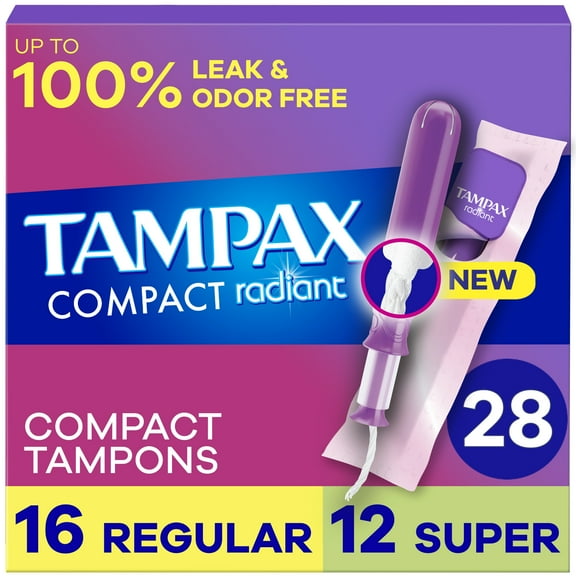 Tampax Pocket Radiant Tampons with LeakGuard Braid, Duo Pack Regular/Super Absorbency, 28 Ct