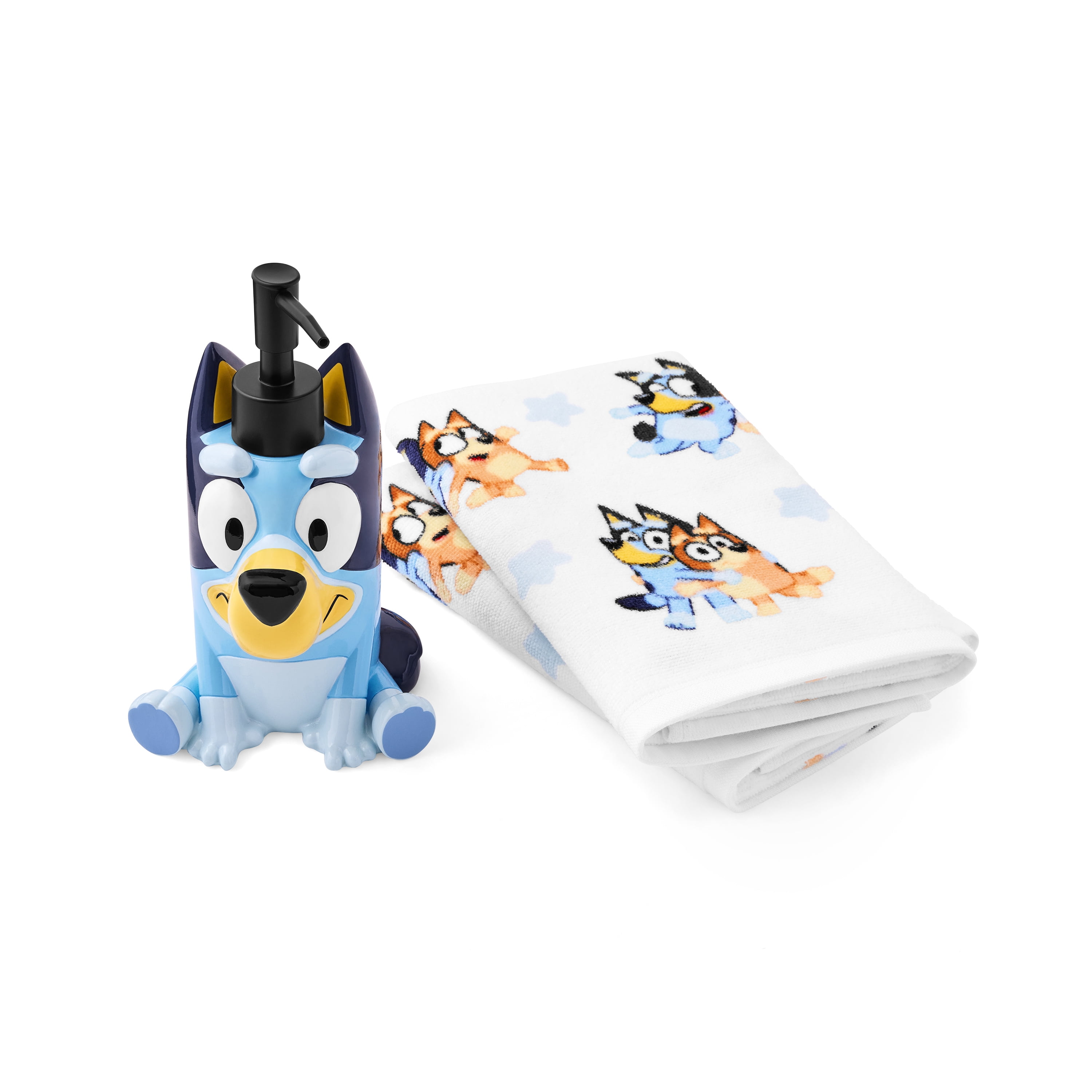 Bluey 3-Piece Bath Set, 2pk Hand Towel & Sculpted 5.5" Lotion Pump, Cotton, Poly-Resin, Blue, BBC Studios