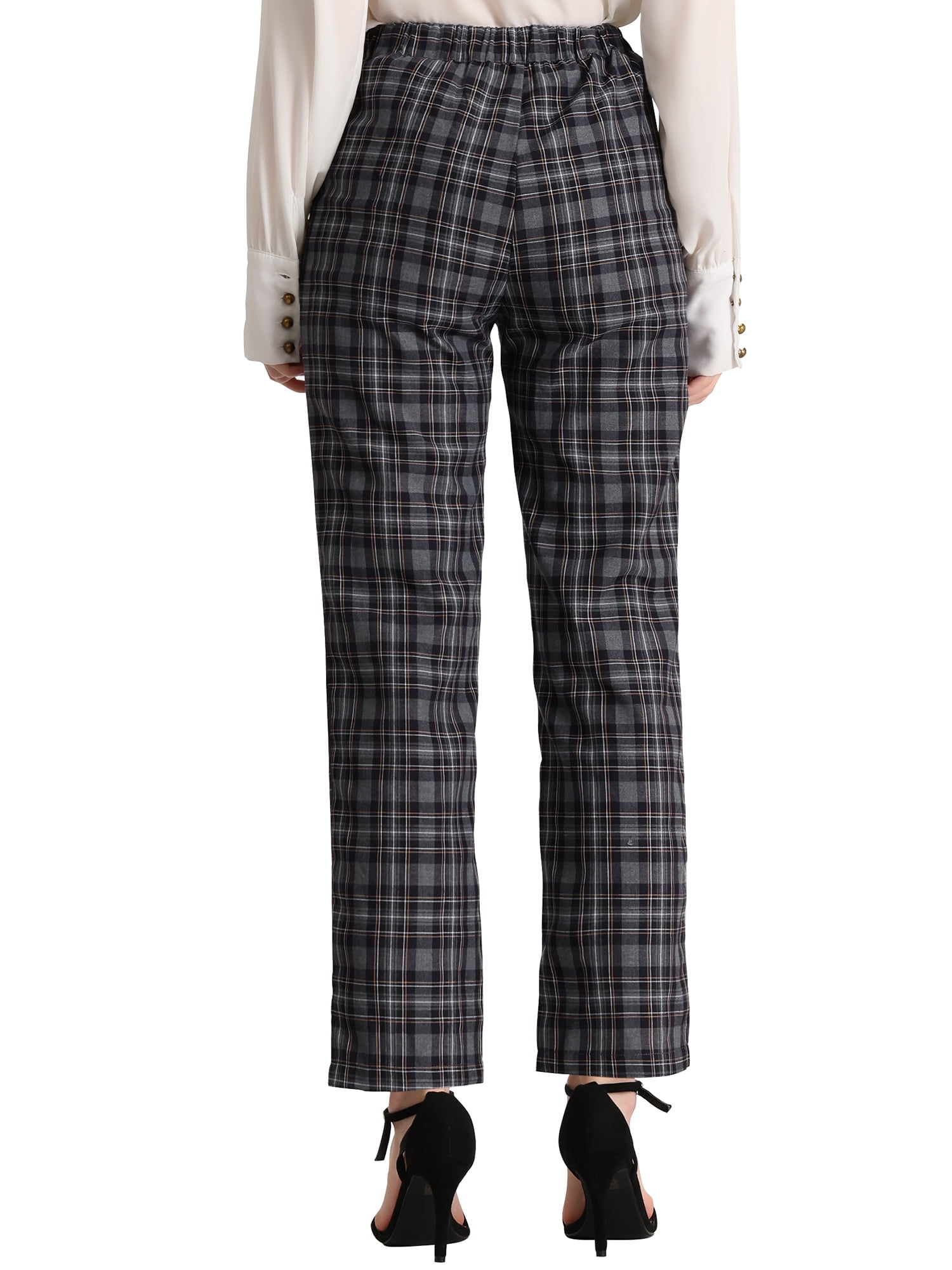 DARING DIVA Women's Plaid Trousers Pockets Straight Leg Casual Pant S dark Gray Black