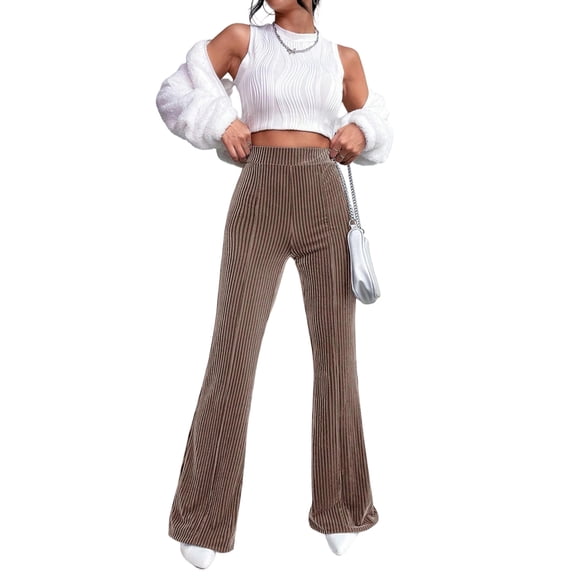 Women'S Velvet Elastic Waist Flare Leg Palazzo Long Pants Trousers Khaki S
