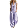 thumbnail image 2 of Costeam Womens Striped Sleeveless V Neck Button Front Jumpsuit Elastic Waist Loose Wide Leg Full Length with Side Pockets Soft Fabric Casual One Piece Pants, 2 of 7