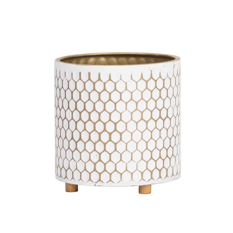 Honeycomb Metal Planter Pot With Peg Base - White & Gold - 8.75"H x 8"W