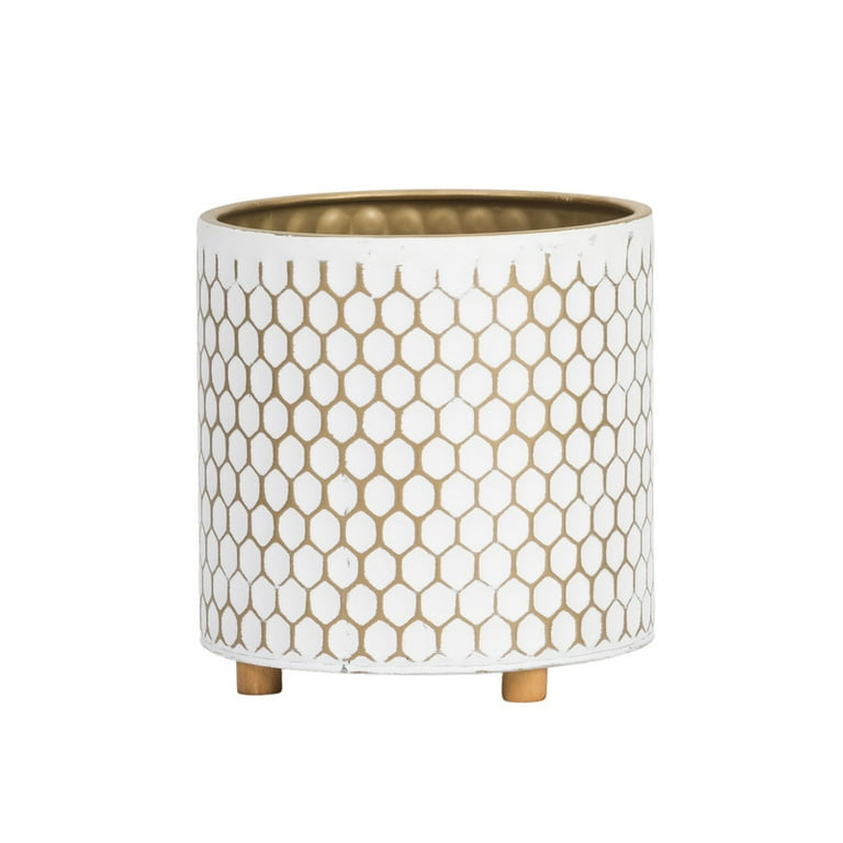 Honeycomb Metal Planter Pot With Peg Base - White & Gold - 8.75"H x 8"W