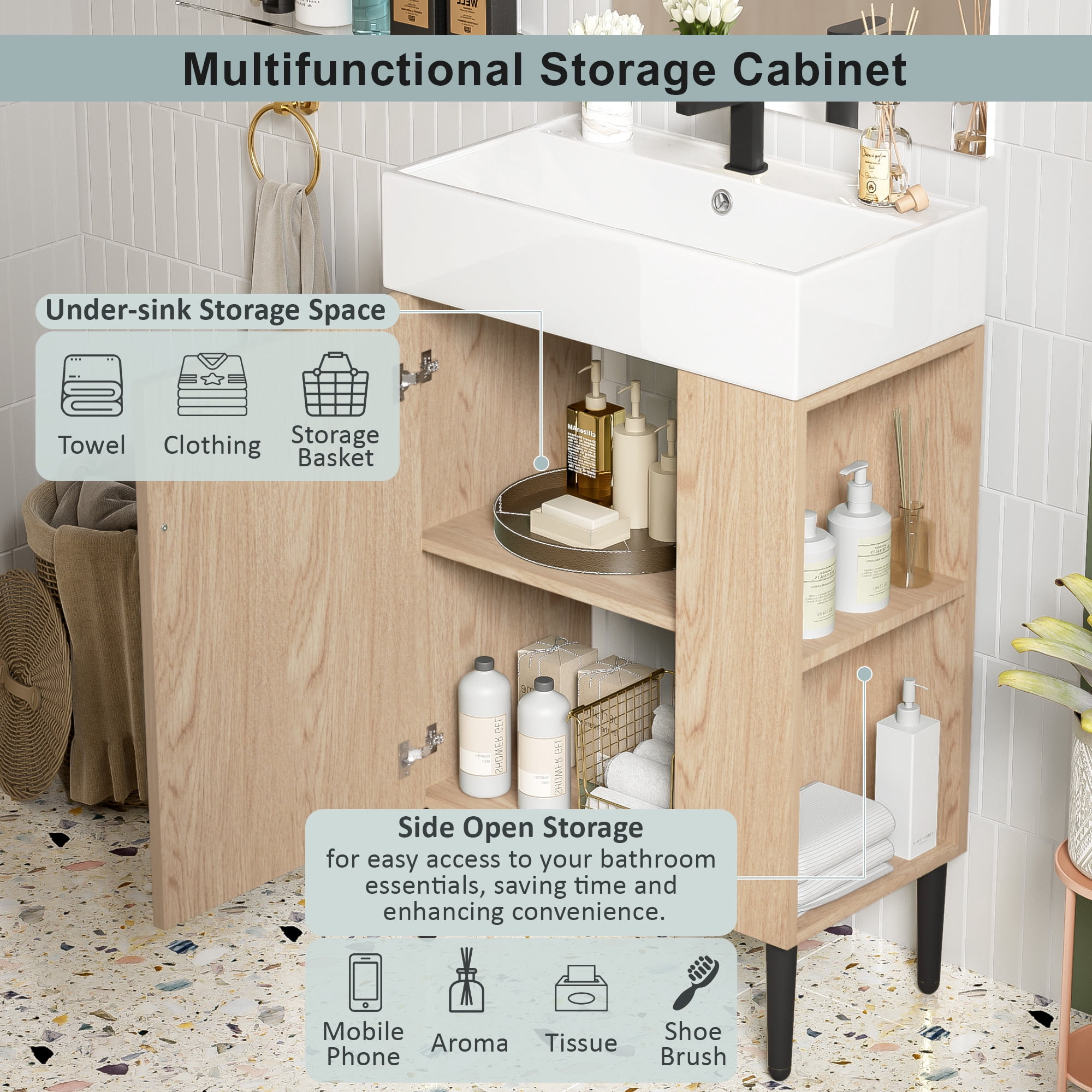 Euroco 21.6" Wood Bathroom vanity, Combo Cabinet, Bathroom Storage Cabinet, Single Ceramic Sink, Right side storage