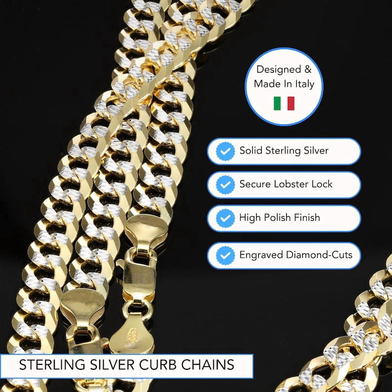 Tilo Jewelry Solid 925 Sterling Silver Two-Tone Diamond-Cut Curb Link Chain Necklace with Secure Lobster Lock | 7.5mm - 22 Inch | Everyday Necklace for Men & Women
