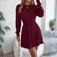 thumbnail image 5 of Womens Crew Neck Long Sleeve Spring Fall Dresses,Women's Fashion Casual Twisted Knit Fitted Waist Sweater A-line Skirt Round Neck Long Sleeve Solid Color Dress Wine, 5 of 8