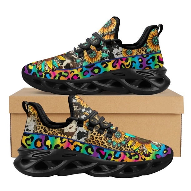 Zapatillas de deporte con plataforma y amortiguación de aire transpirables para mujer, diseño de leopardo y girasol, de malla, con cordones Peace and Love