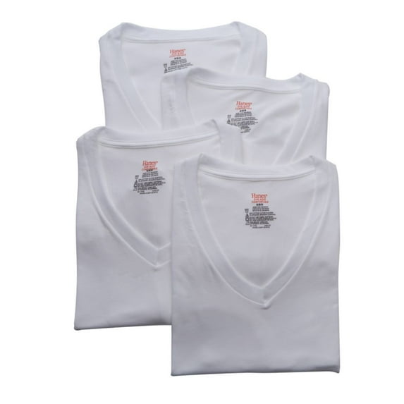 Men's Hanes U9T2W4 Stretch V Neck T-Shirts - 4 Pack (White L)