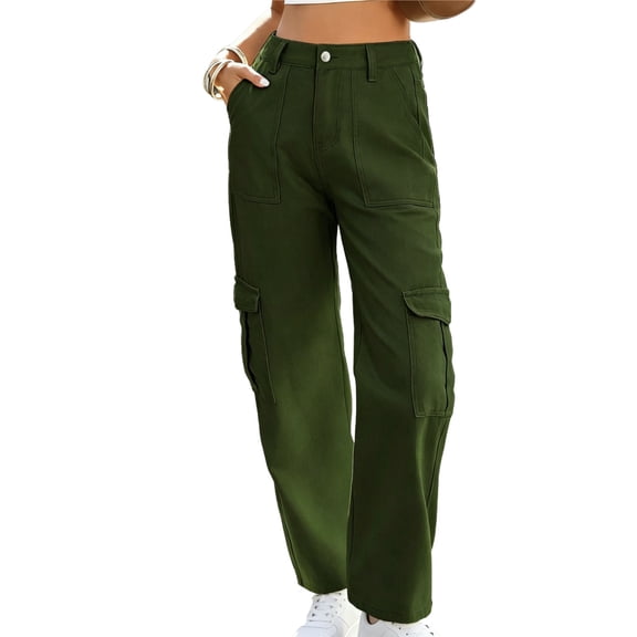 XPMWRP Women's High Waist Cargo Jeans Stretchy Wide Leg Denim Pants Casual Baggy Trousers with Pockets for All Seasons Army Green L