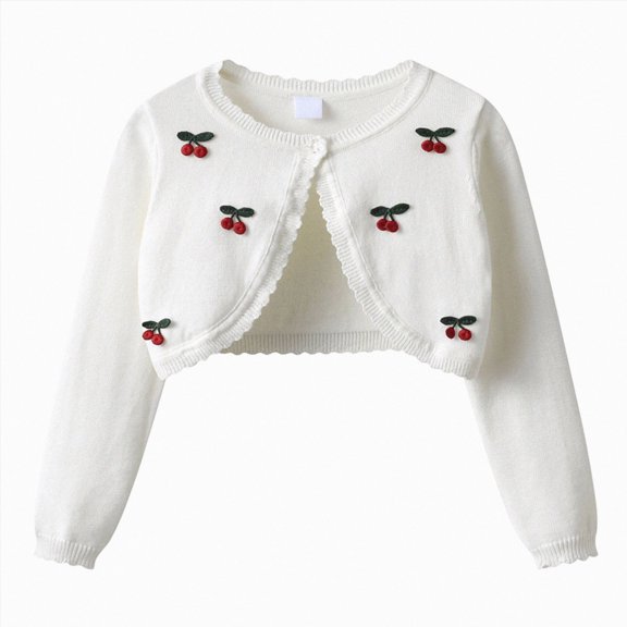 mgoYE Girl's Cardigans Sweater Cherry Open Front Long Sleeve Cute Casual Loose Sweaters(White,3-4 Years)
