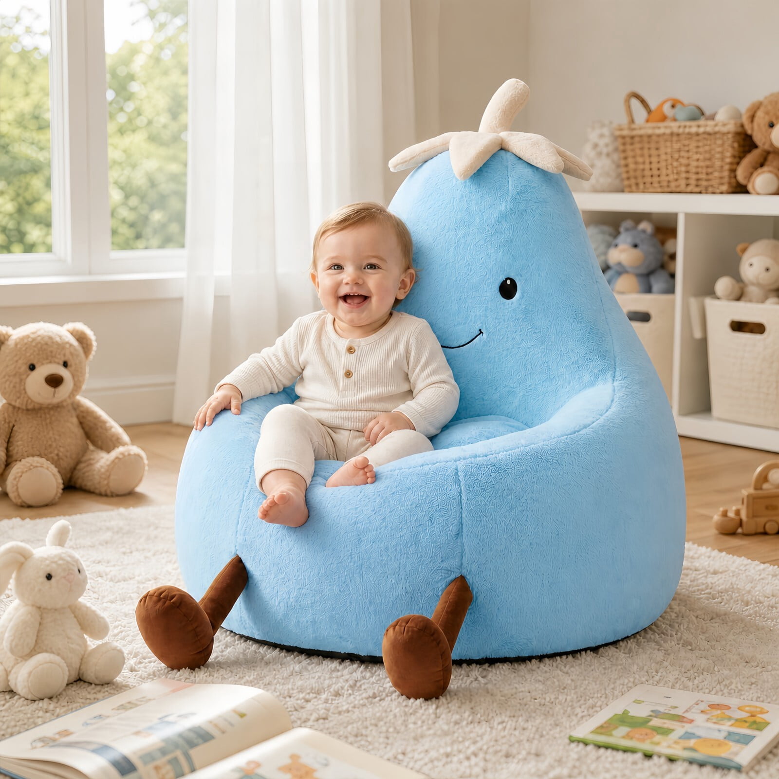 Kelno 24" Kids Bean Bag Chair Faux Rabbit Fur Lazy Chair Toddler Couch, Blue
