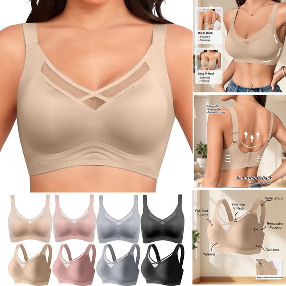 Censtreet Womens Deep V Bras Wireless Comfortable Bra Supportive No Underwire Bras Tshirt Push Up Bralettes Plunge Seamless Bra