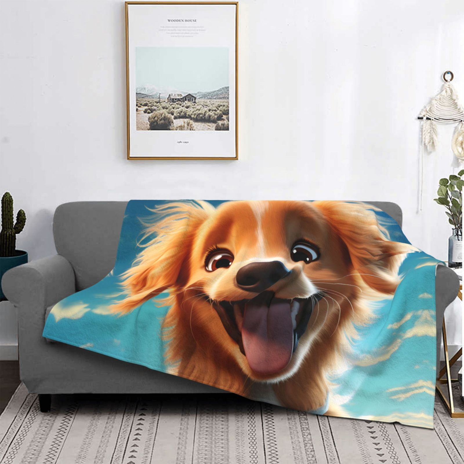 Throw Blanket for Couch - Blue Sky Cute Dog Soft Comfy Lightweight Cozy Warm Throw Blanket, Fuzzy Plush Flannel Blanket & Throws for Sofa and Bed All Season