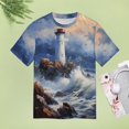 thumbnail image 4 of Lighthouse Sunrise Coast Scenery Pale Blue Tan Women's Short Sleeve Tops Casual Blouses T Shirt, 4 of 6