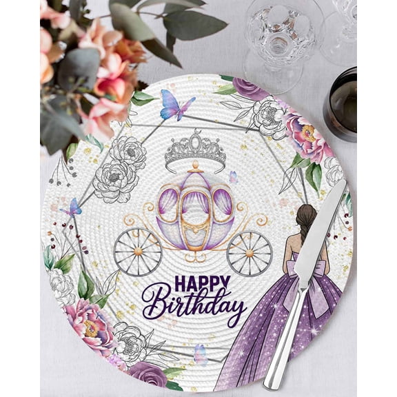 15 Inch Round Placemats Set of 4, Happy Birthday Non Slip Heat Insulation PP Table Mats, Gradient Purple Dress Crown Carriage Flowers Washable Place Mats for Kitchen Dining Party Table Decor