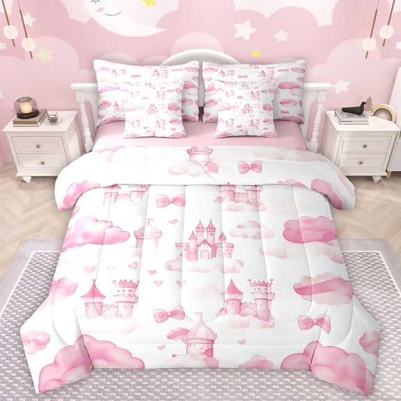 Manfei Cartoon Princess Castle 7-Piece Twin Bedding Sets,Fairy Tale Theme Bedding Comforter Set,Pink White Sheet Sets For Girls,Super Cozy Room Decor Reversible
