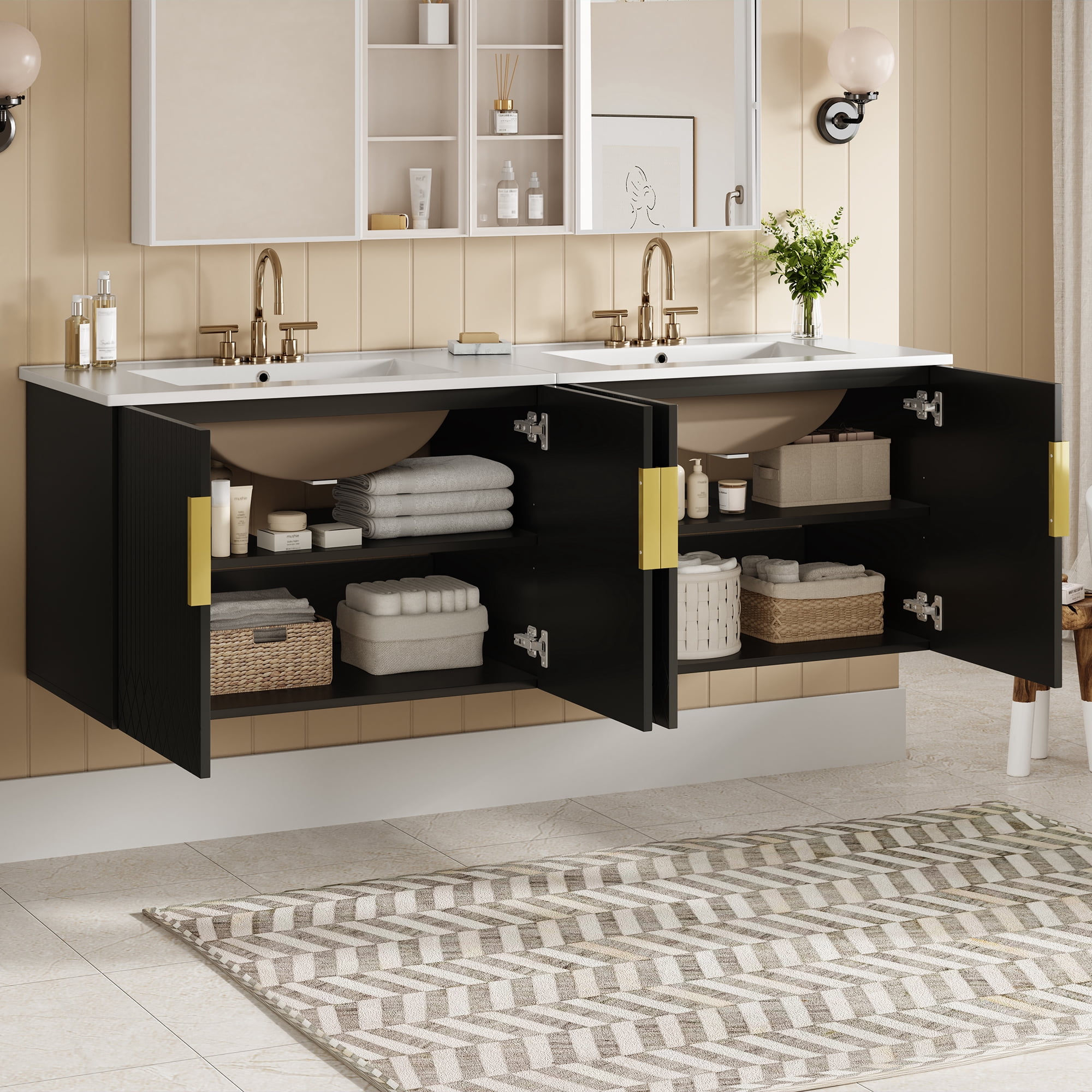 Euroco 60" Vintage Bathroom Vanity with Ceramic Sink, with 3 Holes Single Ceramic Sink, Bathroom Storage Vanity Cabinet with 2 Soft Closing Doors