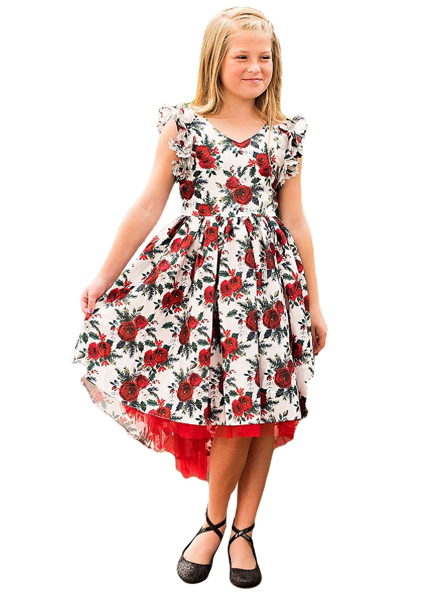 Just Couture Girls Alaina Red Rose Petal Sleeve HiLow Christmas Dress