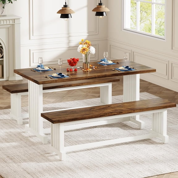 Finmind 47" Wood Dining Table Set for 4-6 with 2 Benches for Home Kitchen, White & Brown