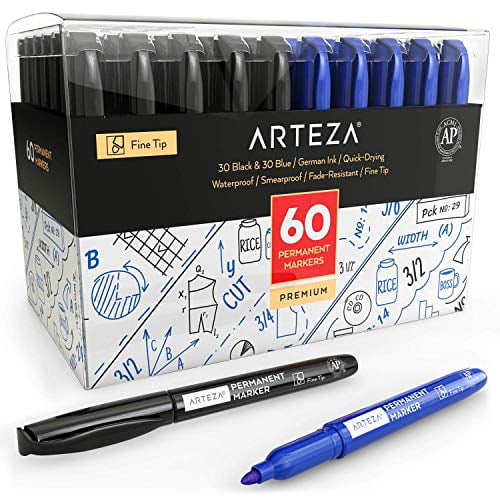 ARTEZA Permanent Markers Set of 60 (30 Black and 30 Blue, Fine Tip) - Quick Drying - Waterproof - Quality Permanent Marker Fine Tip Pens