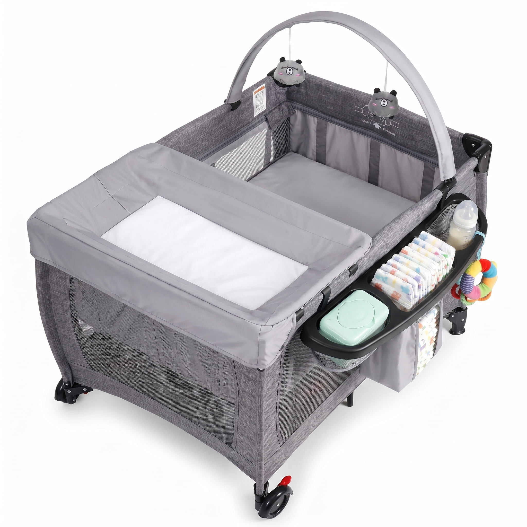 SACVON Baby Playard with Detachable Infant Bassinet and Changing Table, Foldable Travel Play Yard with Storage Basket and Wheels, Gray