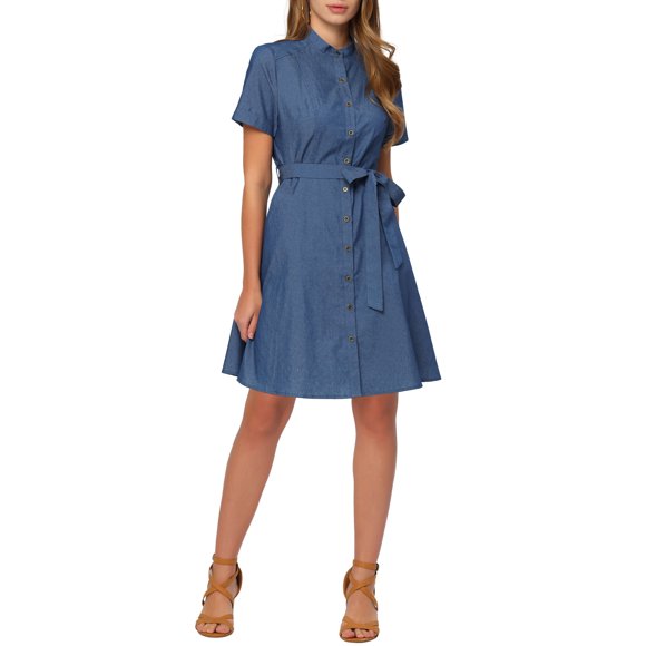 INSPIRE CHIC Women's Button Down Short Sleeve Denim Shirt Dress with Belt Blue S