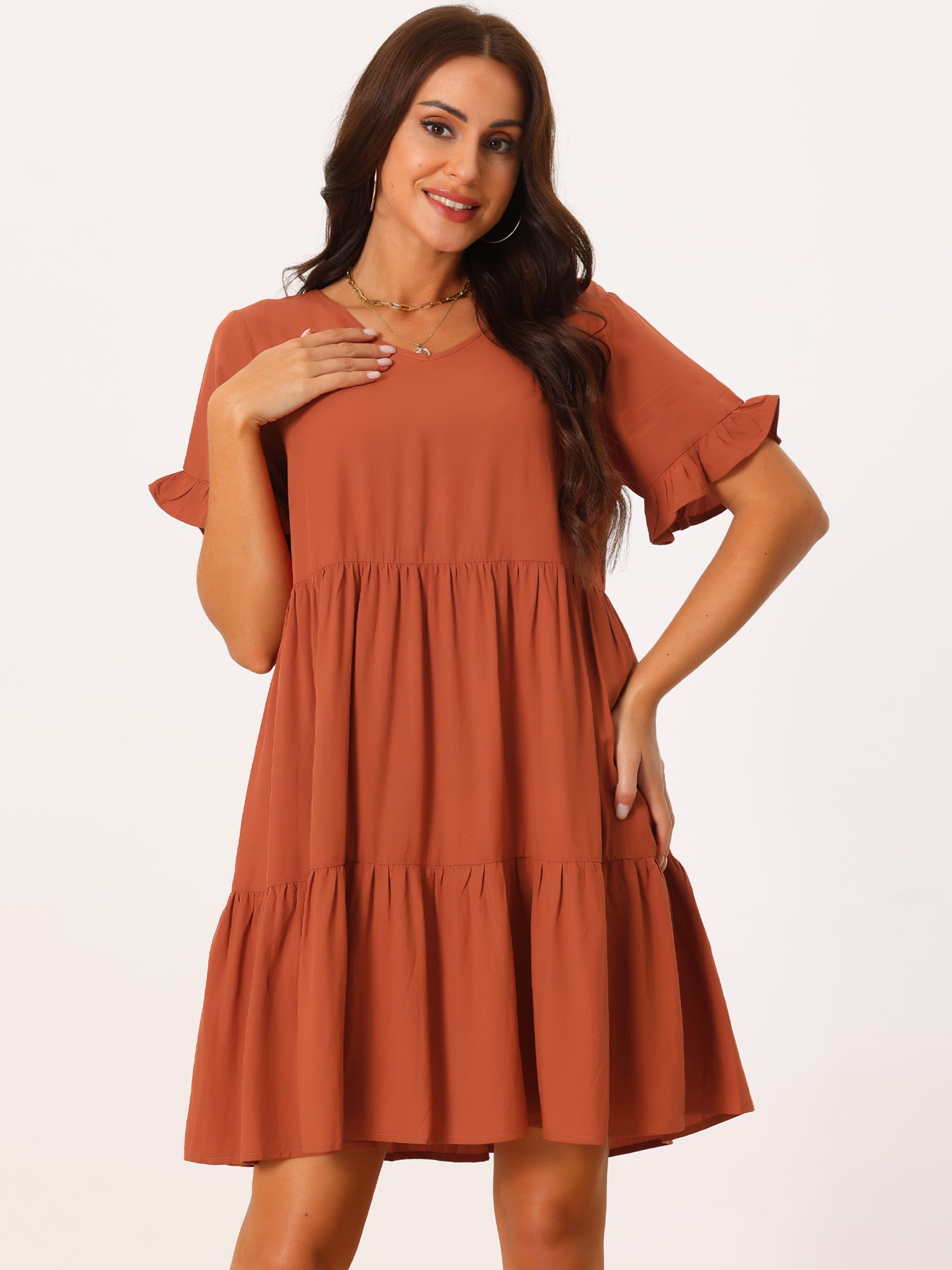 Unique Bargains Women's V Neck Ruffle Short Sleeve Dress with Pockets M Brick Red