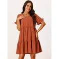 thumbnail image 2 of Unique Bargains Women's V Neck Ruffle Short Sleeve Dress with Pockets S Brick Red, 2 of 6