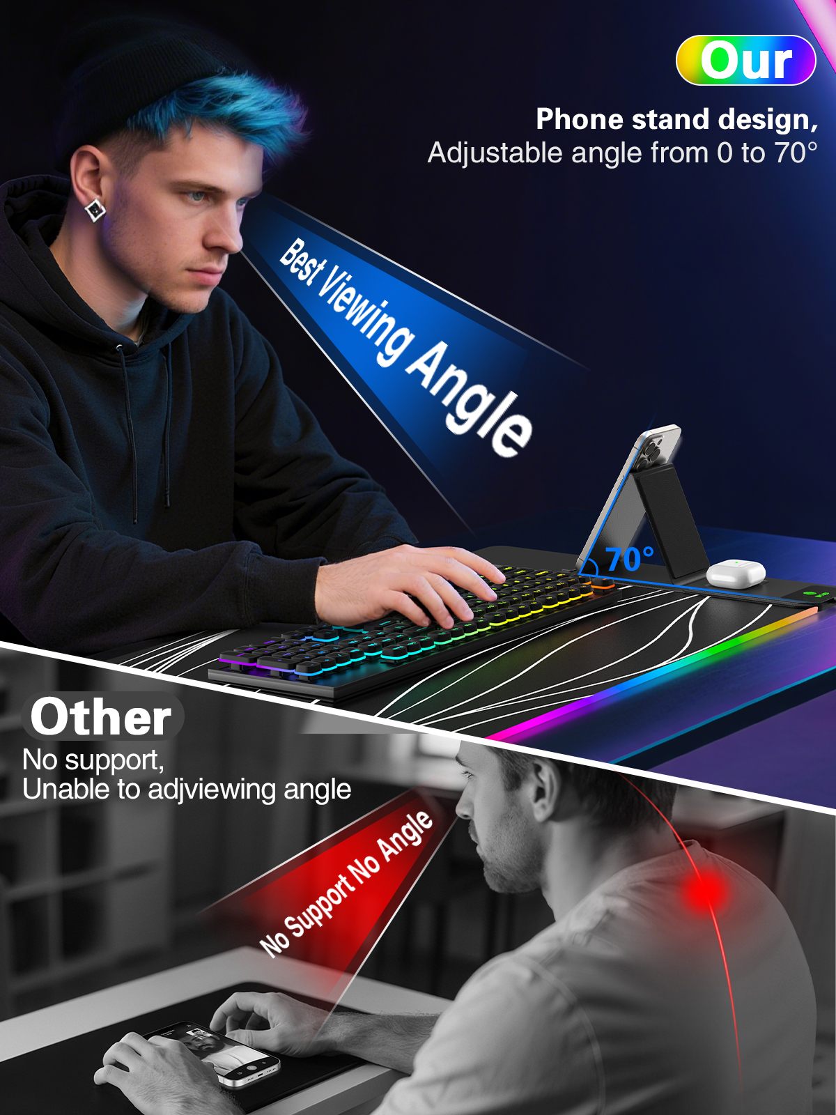 Miroddi Wireless Charging RGB Mouse Pad, 31.5"x15.75" Large Desk Pad Rubber, 15W Fast Charging LED Desk Mat for iPhone Airpods Gaming Home Office