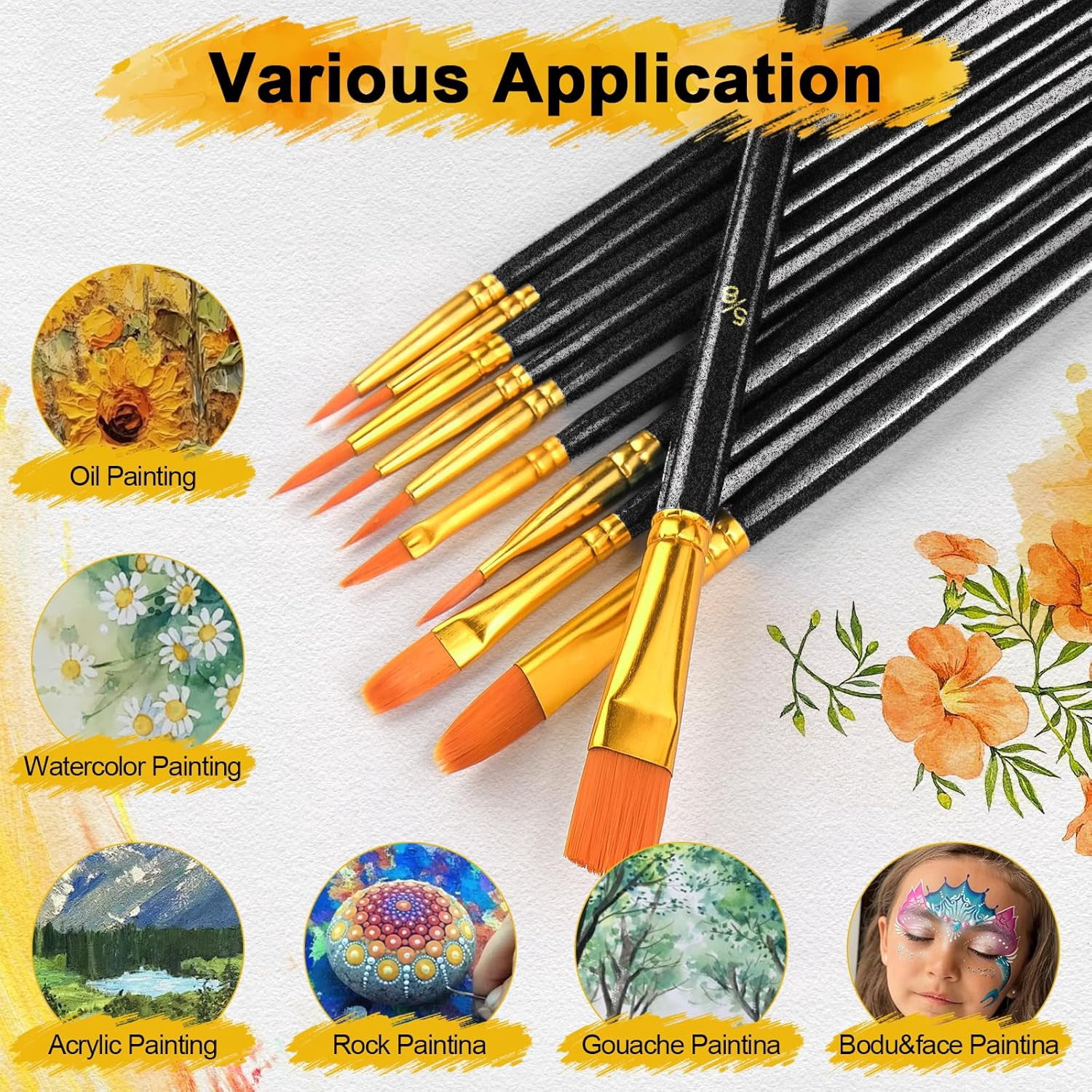 JJEAN-Acrylic Paint Brushes Set, 50Pcs Round Pointed Tip Artist Paintbrushes for Acrylic Painting Oil Watercolor Canvas Boards Rock Body Face Nail Art, Halloween Pumpkin Ceramic Crafts Supplies��Blac